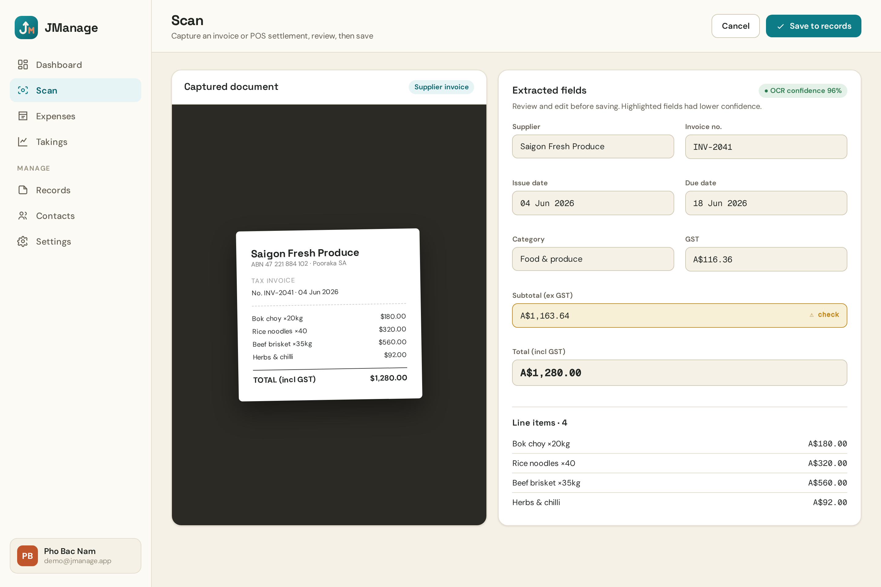 JManage scan screen with a captured supplier invoice and extracted fields ready for review